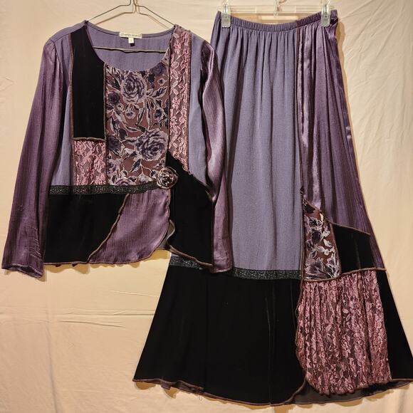 Vintage 1990s Sz S Velvet Burnout Dark Romantic Phoebe Buffay Top & Skirt Set - Picture 2 of 16
